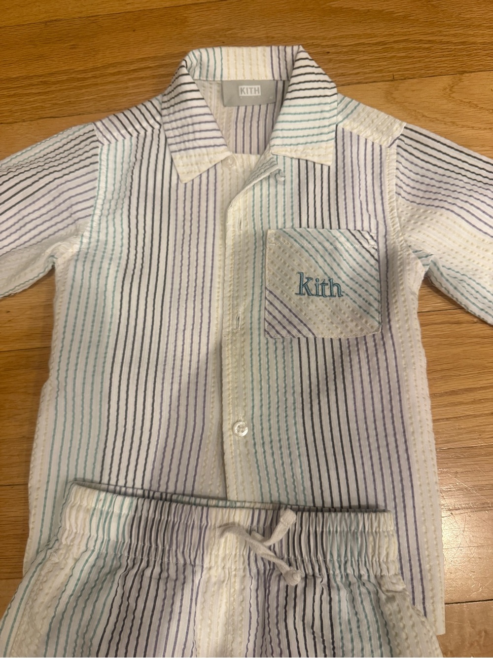 Kith Kids White Striped Shorts Set with Light Blue Accents - Picture 2 of 8